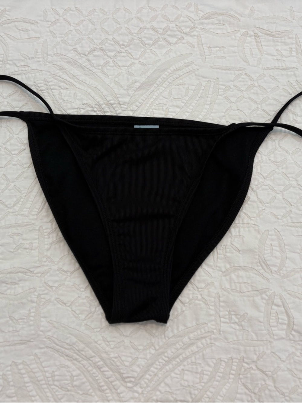 Black Ribbed Bikini Bottom - Minimal Tie Sides